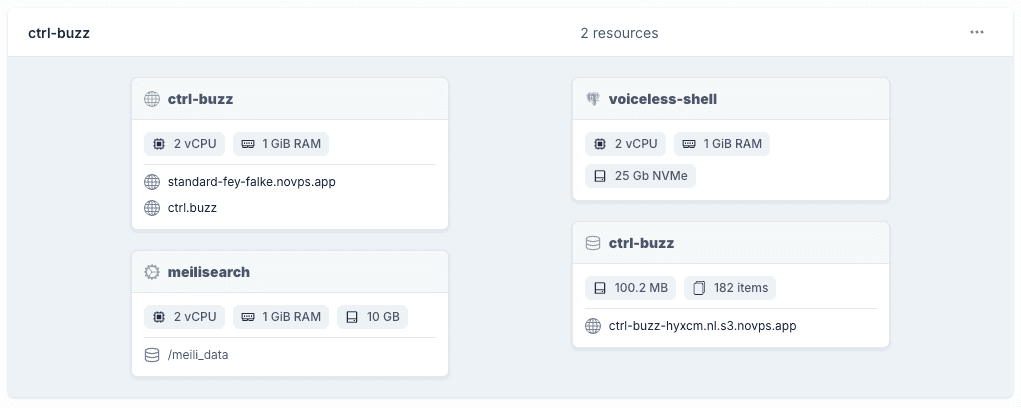 A Granite project showing a Go web app, a background worker, a Meilisearch instance and an S3 bucket side by side
